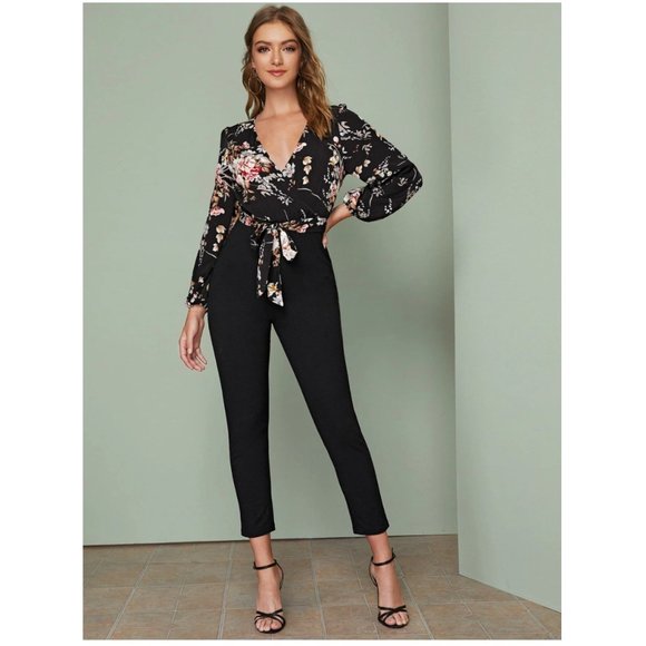 Surplice Neck Tie Waist Floral Jumpsuit - Picture 1 of 11